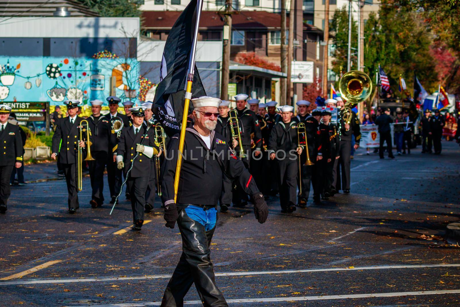 Portland, Oregon, USA - November 11, 2015: People march in the annual Ross Hollywood Chapel Veterans Day Parade, in northeast Portland.