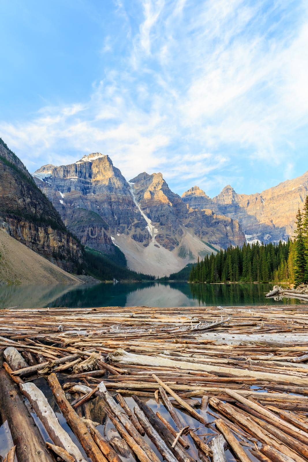 Idyllic Moraine Lake with floating logs in Banff National Park, Canadian Rockies