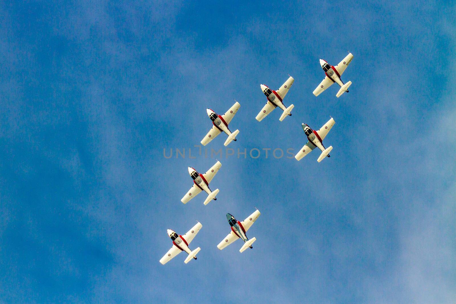 Hillsboro, Oregon - September 21, 2014: Canadian Forces Snowbirds perform Speedbird formation in Oregon International Air Show.