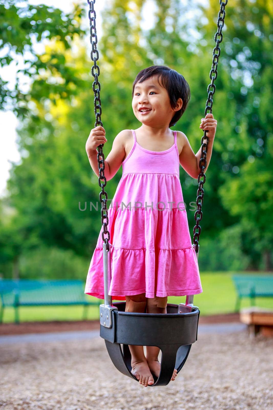 Adorable girl enjoys play time on the swing.