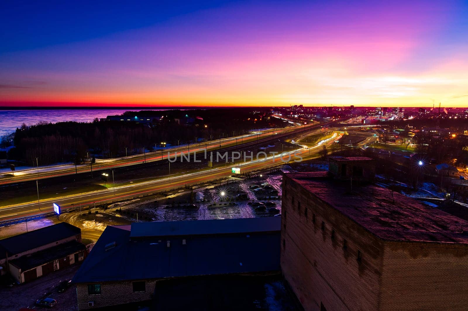 Panoramic view of the city at night. Tallinn, Estonia at night. Sleeping city in a cold winter night