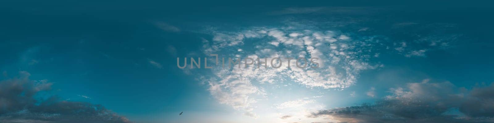 Bright sunset sky panorama with glowing red pink Cumulus clouds. HDR 360 seamless spherical panorama. Sky dome or zenith in 3D, sky replacement for aerial drone panoramas. Climate and weather change. by panophotograph