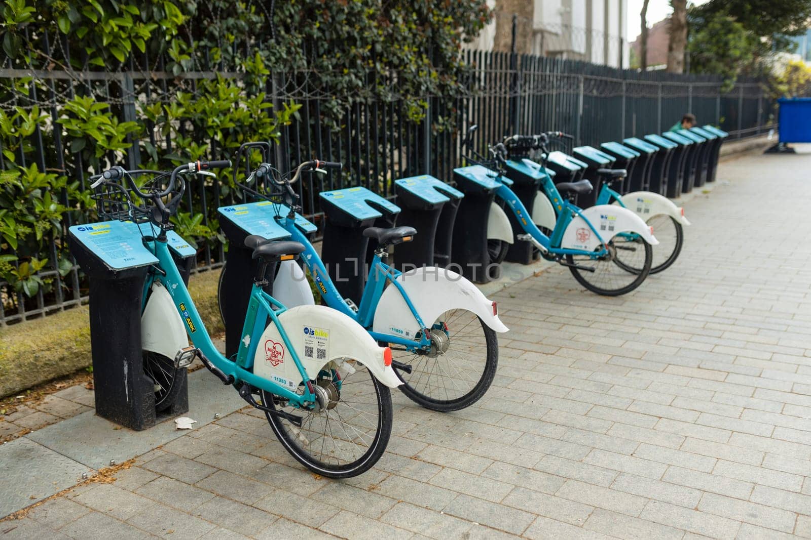 ISTANBUL, TURKEY - MAY 22, 2022:Public parking of rental bicycles in the city