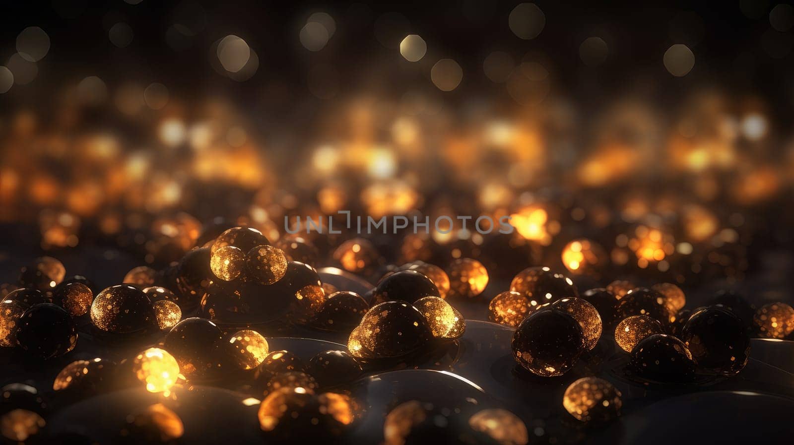 Abstract dark background with glowing bokeh in orange, warm colors. AI generated. by Alla_Yurtayeva