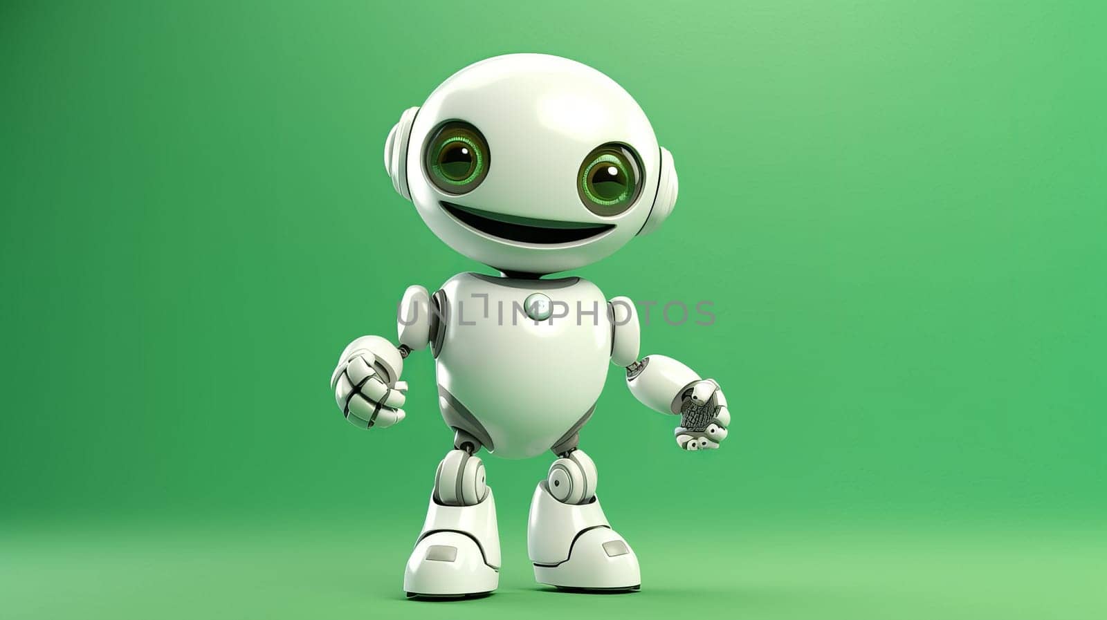 Modern, white robot on a green background. AI generated