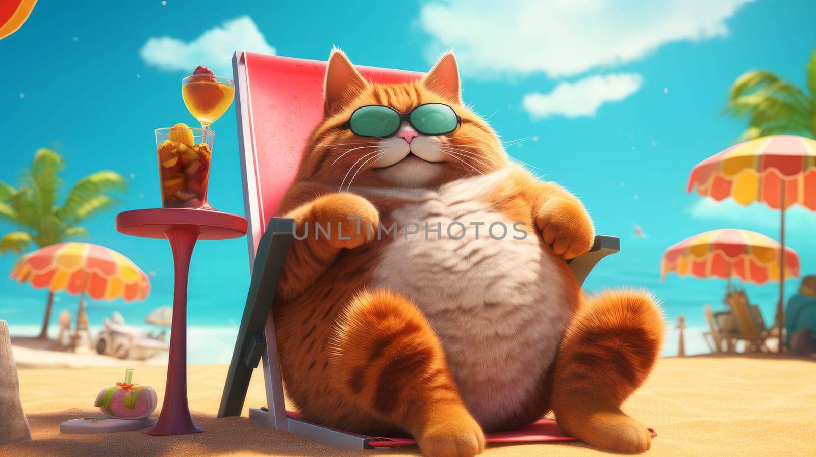 A red striped cat lies on a sun lounger on the shores of the turquoise sea with white sand. Concept travel and vacation. AI generated