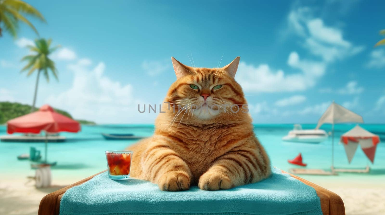 A red striped cat lies on a sun lounger on the shores of the turquoise sea with white sand. Concept travel and vacation. AI generated