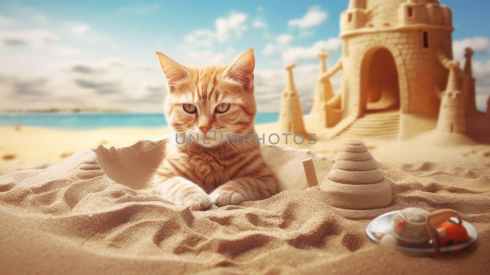 The cat is playing on the seashore. Concept travel and vacation. AI generated