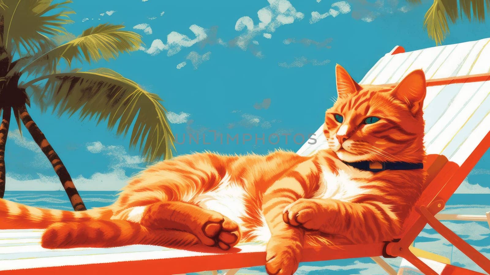 A red striped cat lies on a sun lounger on the shores of the turquoise sea with white sand. Concept travel and vacation. AI generated