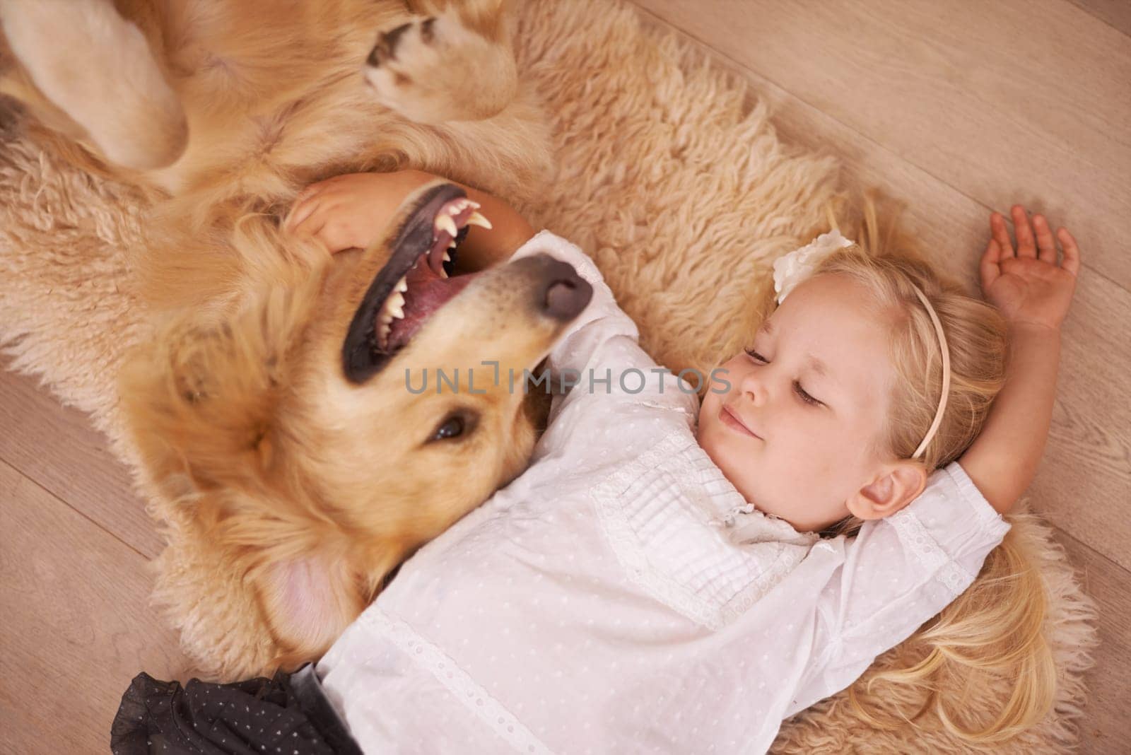 Girl, dog and hug together on floor in living room and golden retriever, kid and relaxing with pet on lounge carpet. Young child, Labrador and bonding in family home, pets and dogs with children.