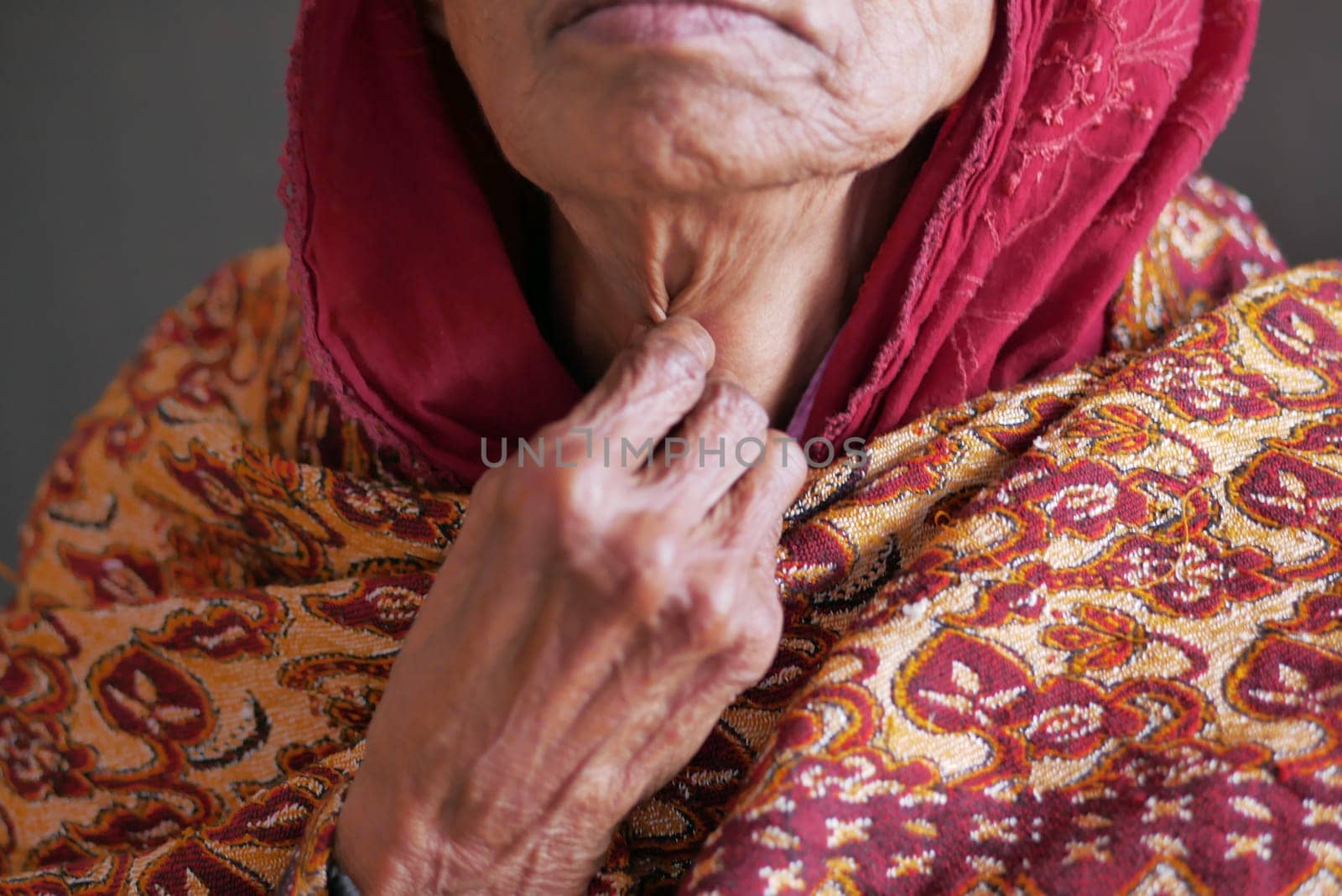 senior women suffering throat pain close up ,