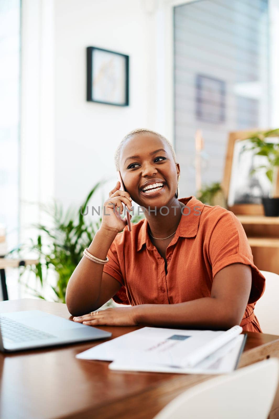 Phone call, happy and business black woman in office for contact, connection and networking. Corporate, communication and female worker laughing on smartphone for conversation, discussion and chat by YuriArcurs