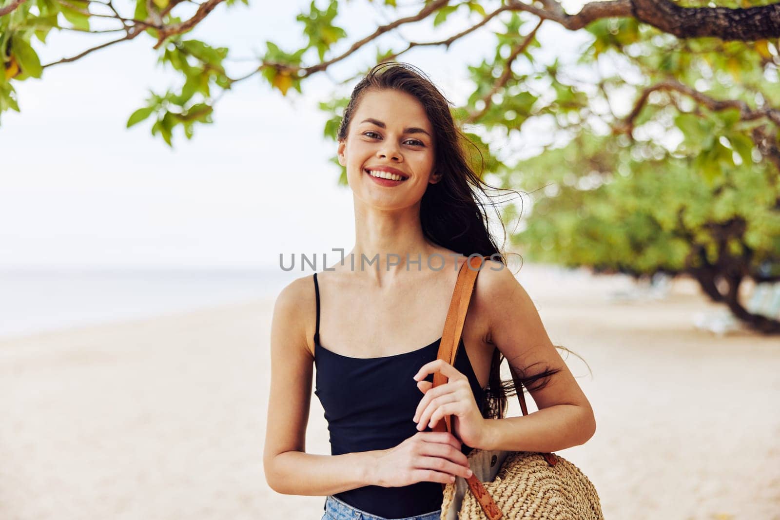 woman girl smile sand female freedom dress summer adult ocean happy nature sea vacation leisure beach walking beauty bag young outdoor