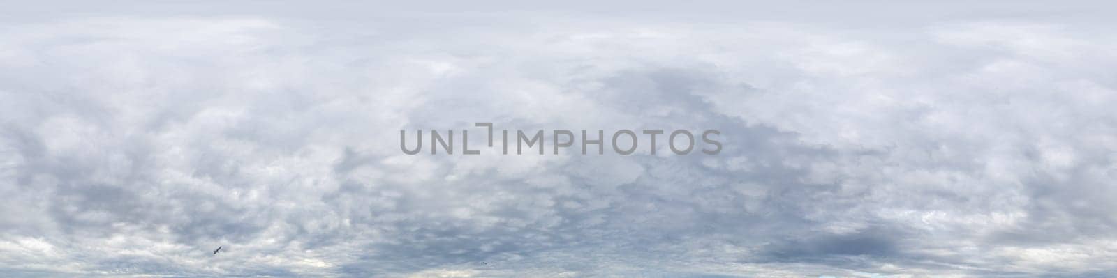 Dramatic overcast sky panorama with dark gloomy Cumulonimbus clouds. HDR 360 seamless spherical panorama. Sky dome in 3D, sky replacement for aerial drone panoramas. Weather and climate change