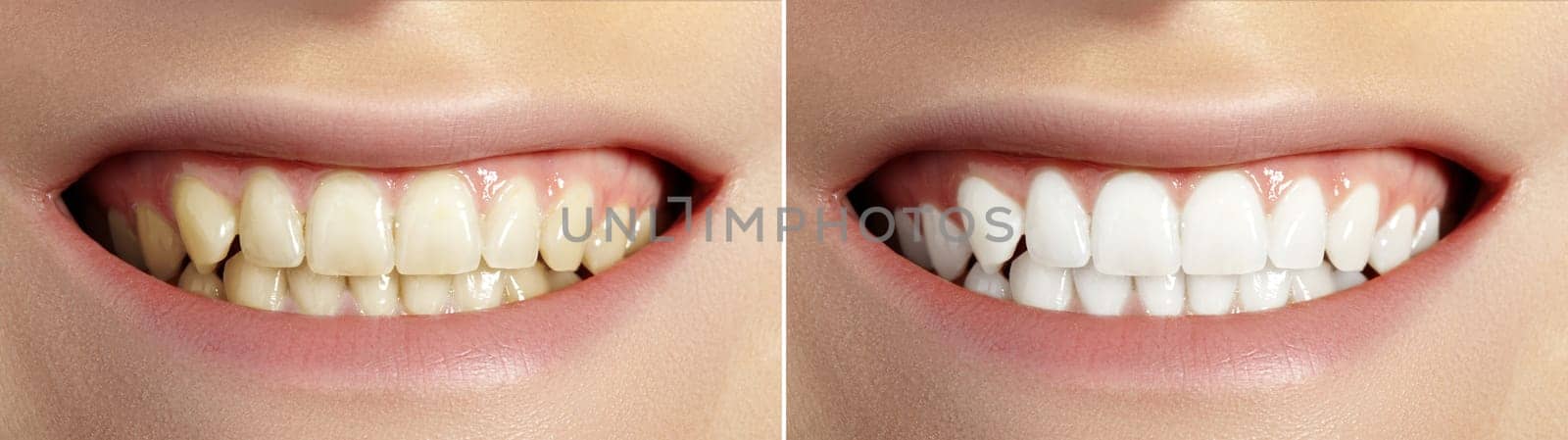 Woman Teeth Before and After Whitening. Perfect Smile with Healthy Teeth. Dental Clinic Patient. Oral Care Dentistry by MarinaFrost