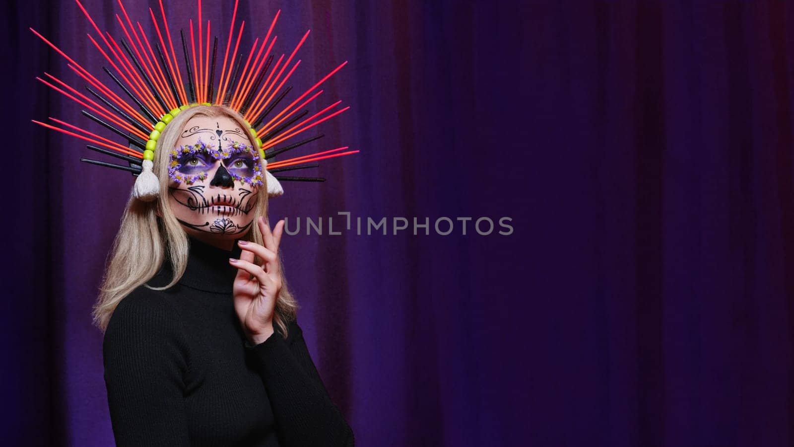 Halloween Make-Up Style, Fancy Dress and Diadem. Blond Model Wear Sugar Skull Makeup with Crown. Santa Muerte concept by MarinaFrost