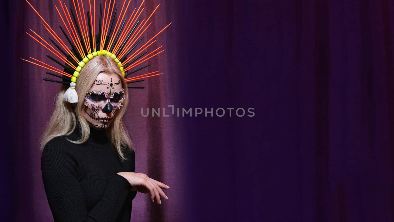 Beautiful Halloween Make-Up Style, Fancy Dress. Blond Model Wear Sugar Skull Makeup with Crown. Santa Muerte concept, Art Costume with Diadem