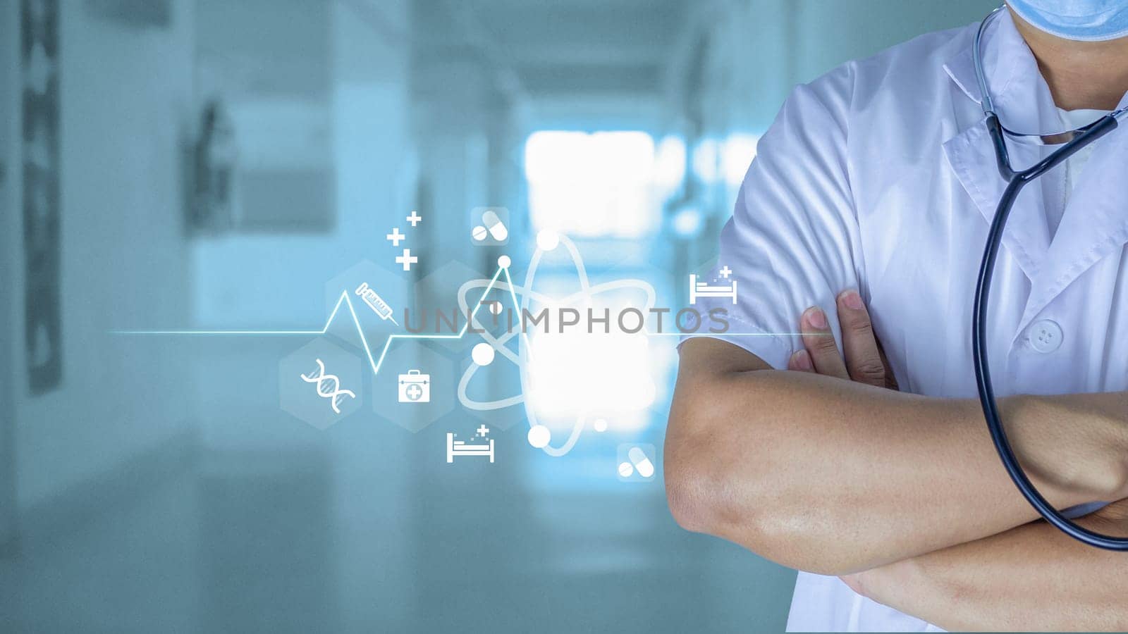 Medicine doctor with stethoscope in hand on hospital background. Medical technology. Healthcare and Medical concept.