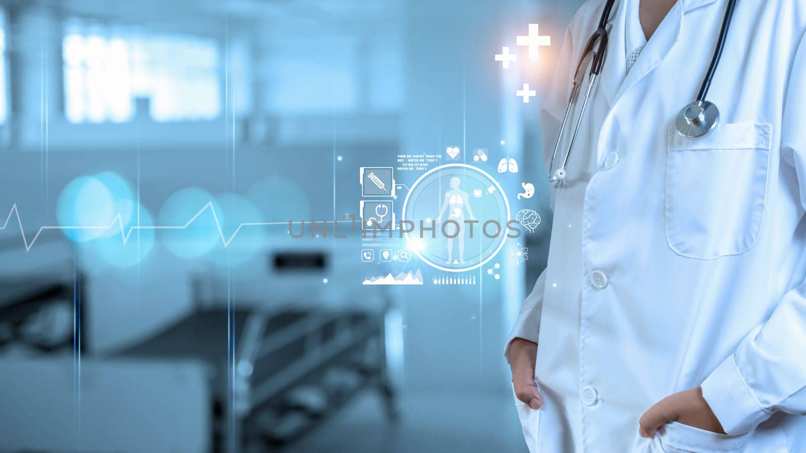 Medicine doctor with stethoscope in hand on hospital background. Medical technology. Healthcare and Medical concept.