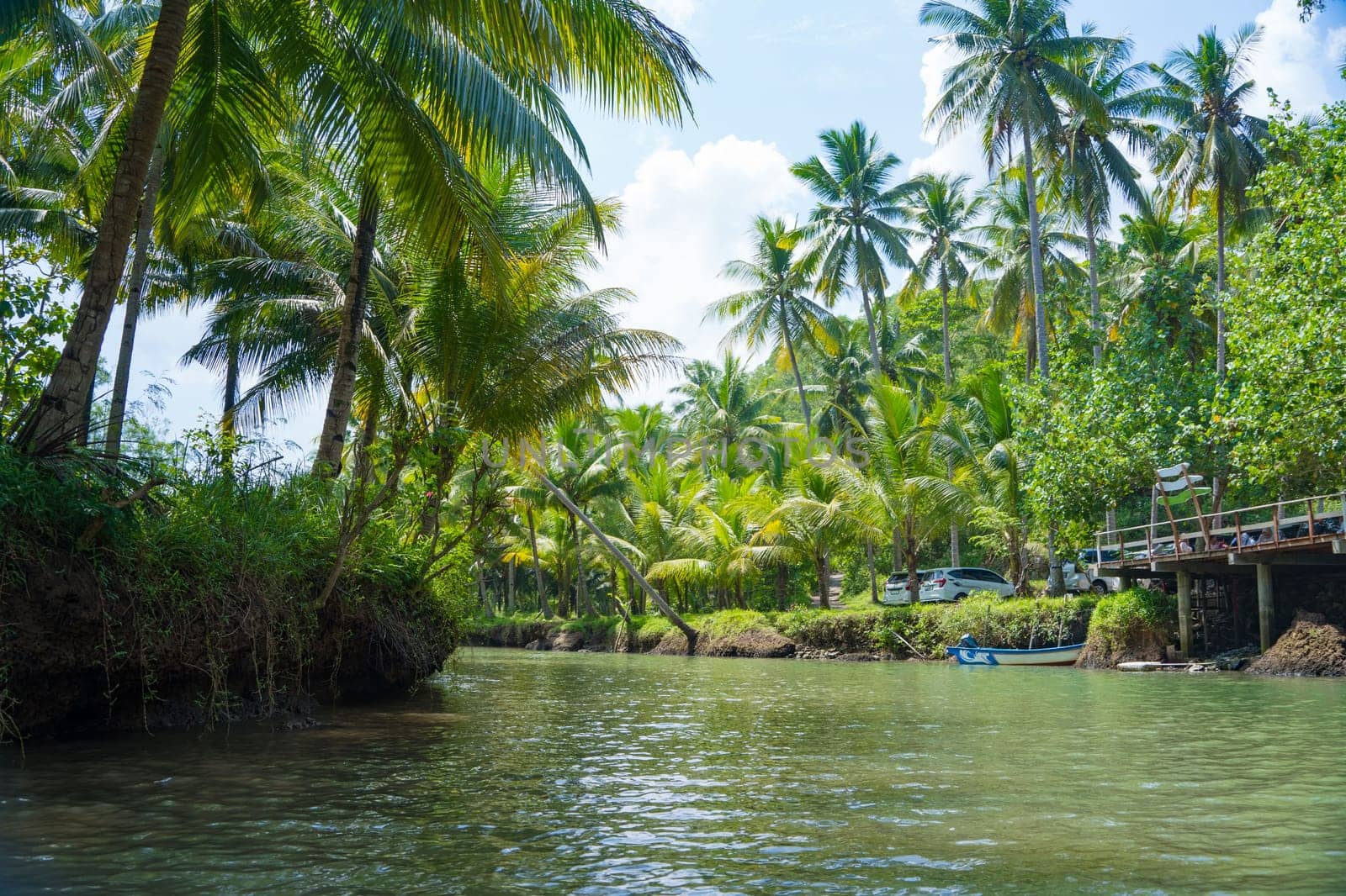 Cruising on the beautiful and calm river with trees at Kali Cokel, Pacitan, Indonesia. Nature and wildlife photography.
