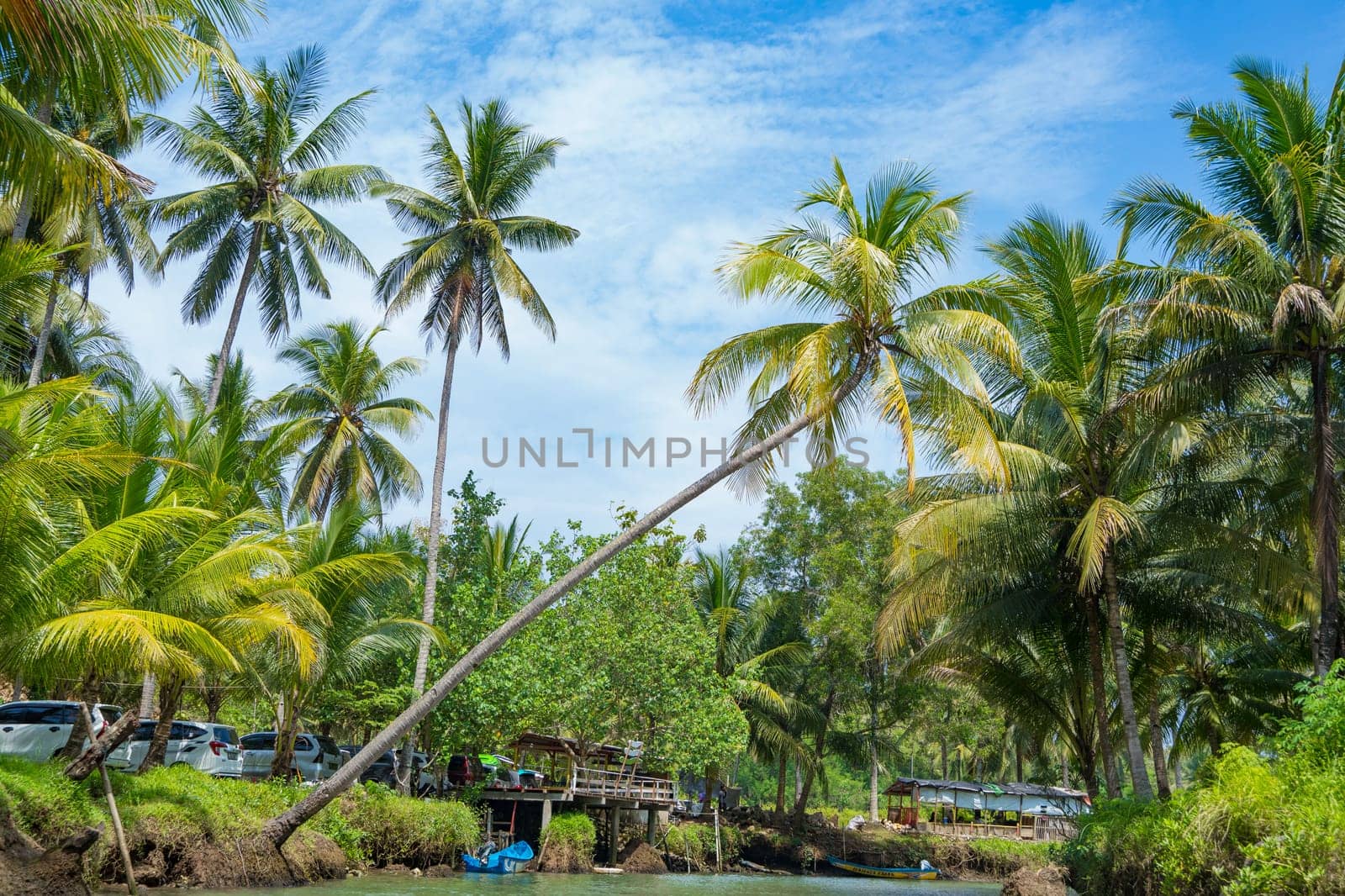 Cruising on the beautiful and calm river with trees at Kali Cokel, Pacitan, Indonesia. Nature and wildlife photography.