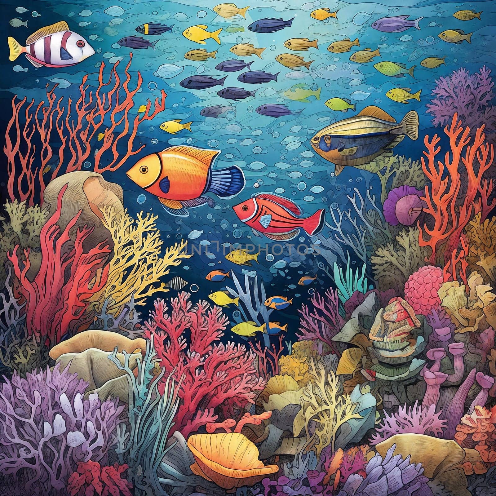 Underwater landscape, coral reef and fishes. Generative AI by GoodOlga