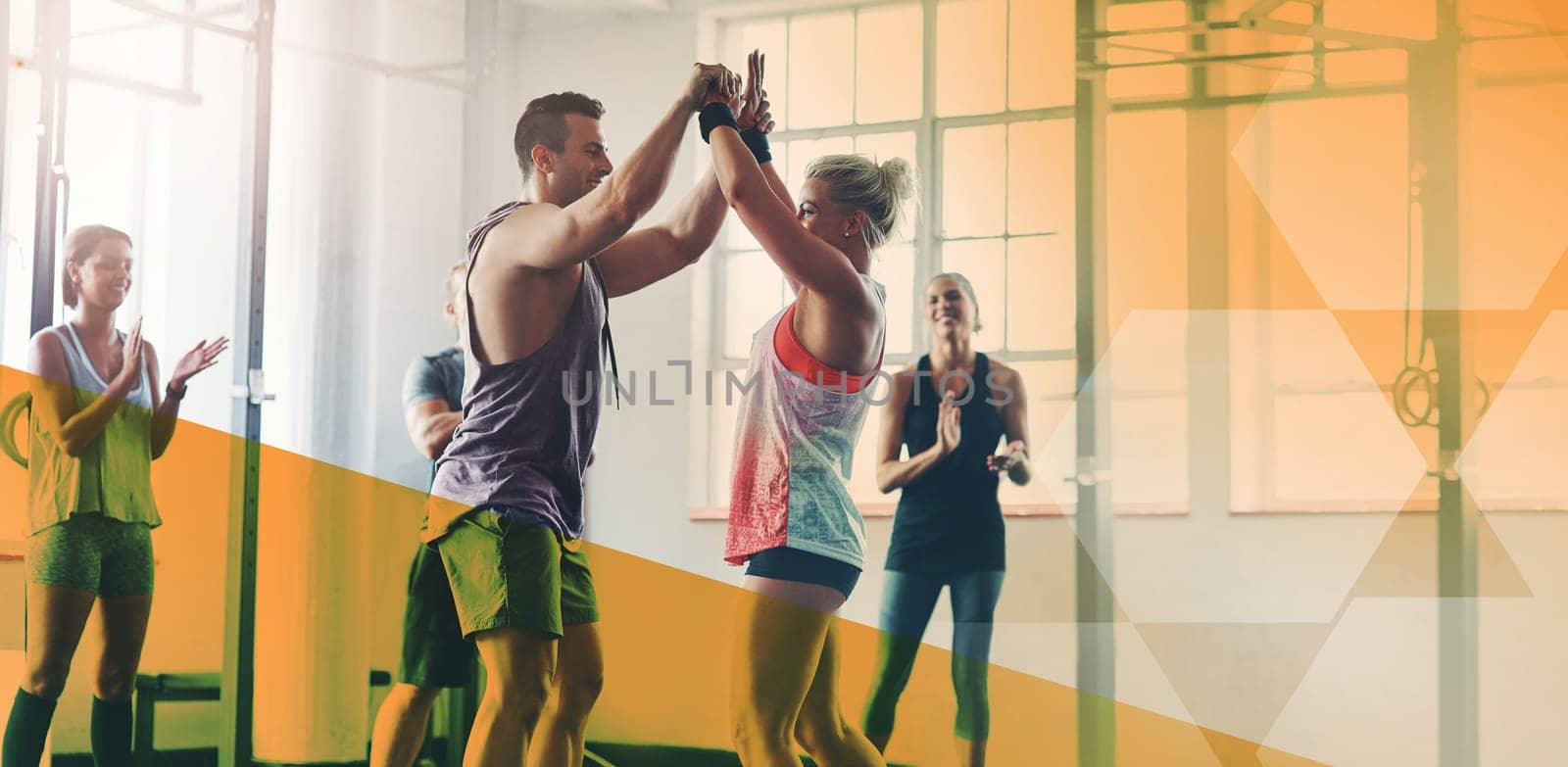 Fitness, group and high five to celebrate success for exercise, workout or training goal or win. Men and women happy applause for sport challenge, motivation or achievement at gym with mockup overlay by YuriArcurs