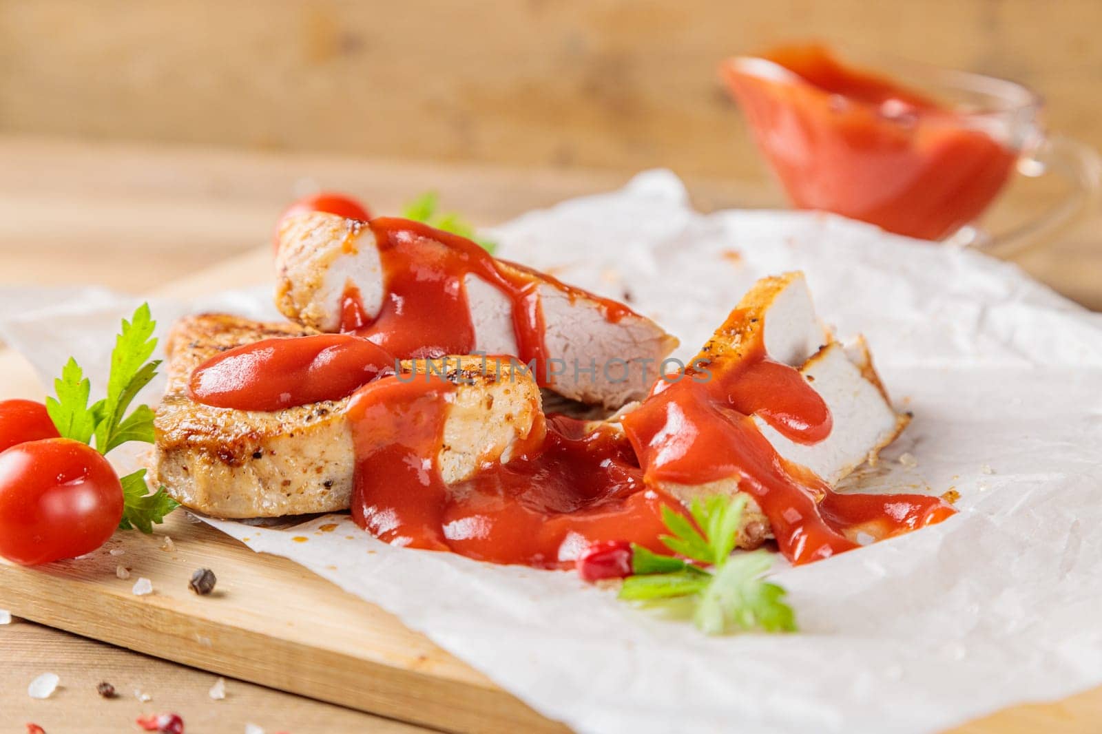 Slices of roast pork meat with tomato and ketchup on a wooden board