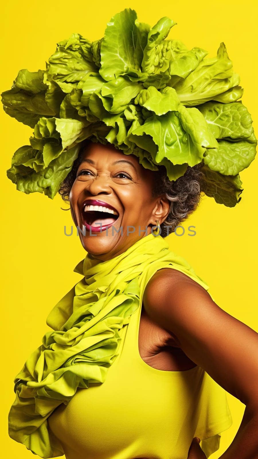 Adult African American woman smiling in a photo studio wearing a yellow dress with lettuce leaves on a yellow background. Generative AI. High quality photo