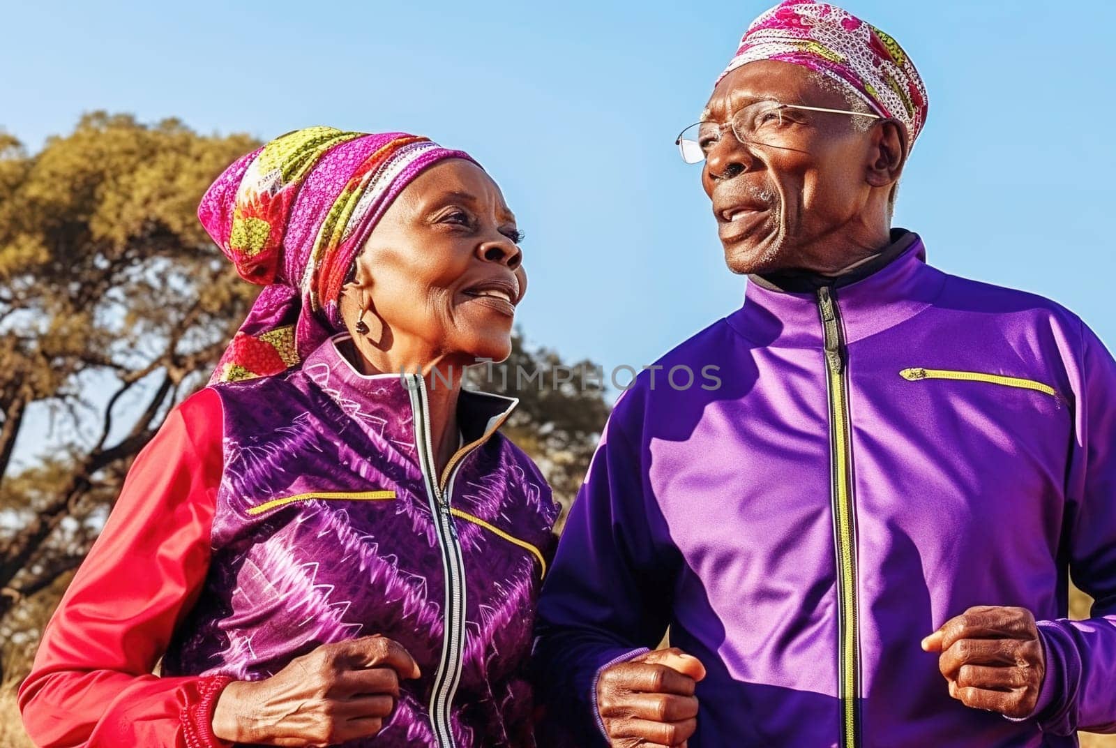An adult African American couple is jogging in the park. Generative AI. High quality illustration