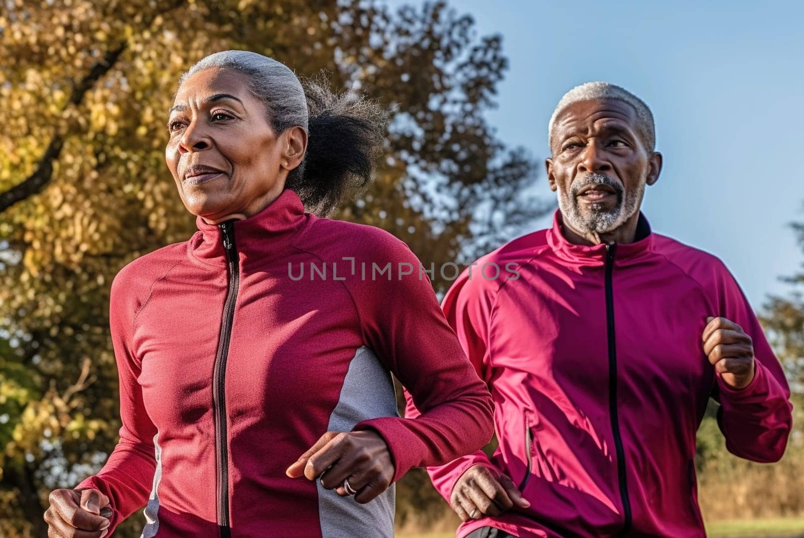 An adult African American couple is jogging in the park. Generative AI. High quality illustration