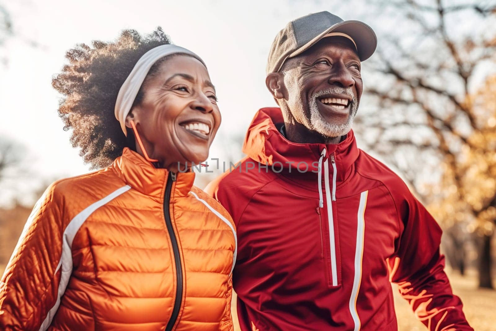 An adult African American couple is jogging in the park. Generative AI. High quality illustration