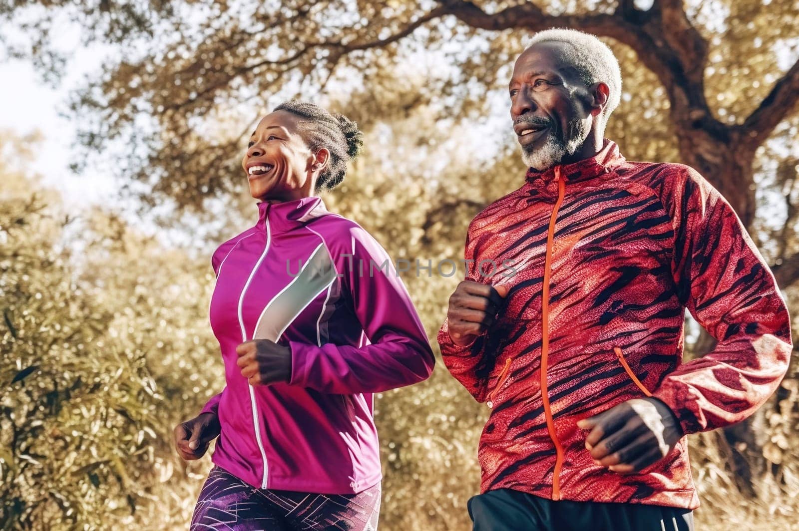 An adult African American couple is jogging in the park. Generative AI. High quality illustration