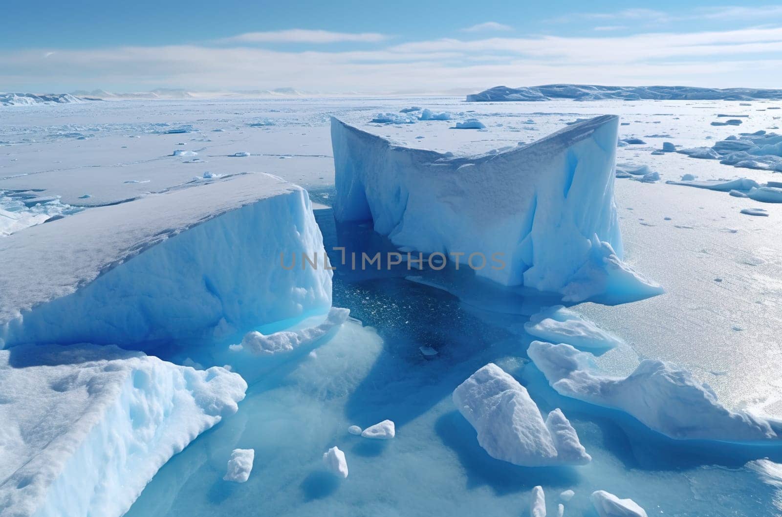 Huge iceberg floes in the ocean. Antarctic. Generative AI. High quality illustration