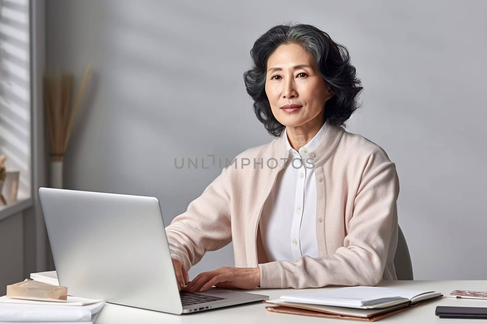 An adult Korean woman, a business woman, is sitting at a table in the office. Generative AI. High quality illustration