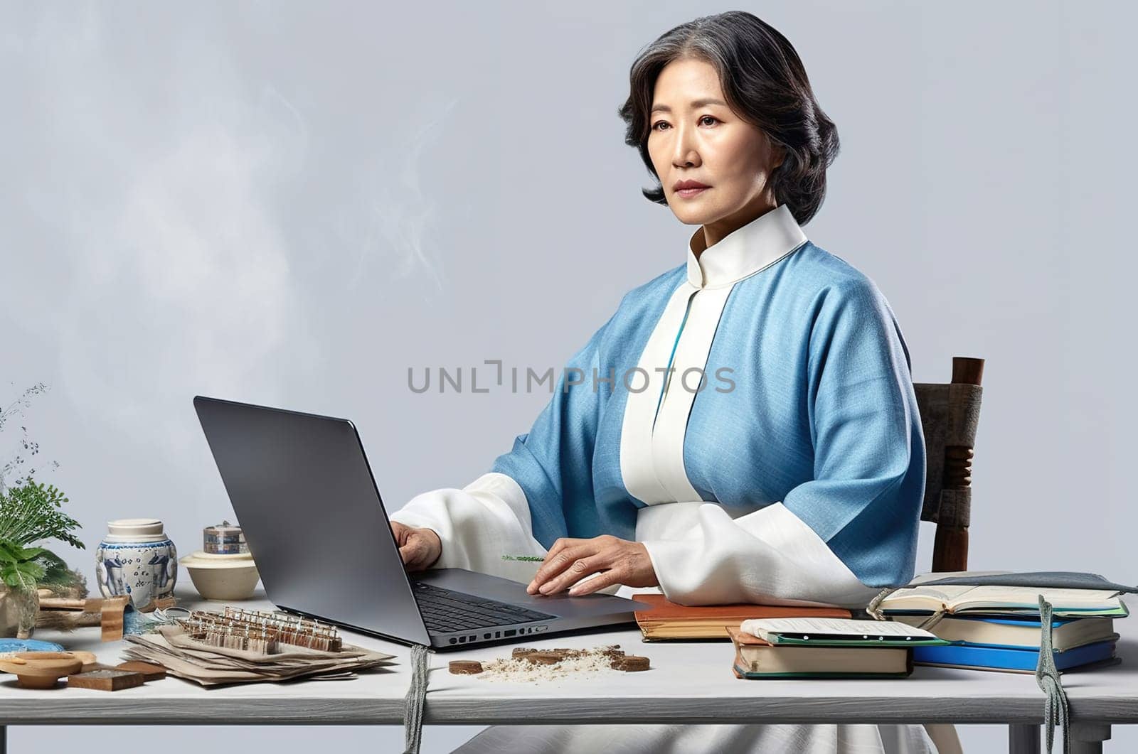 An adult Korean woman, a business woman, is sitting at a table in the office. Generative AI. High quality illustration