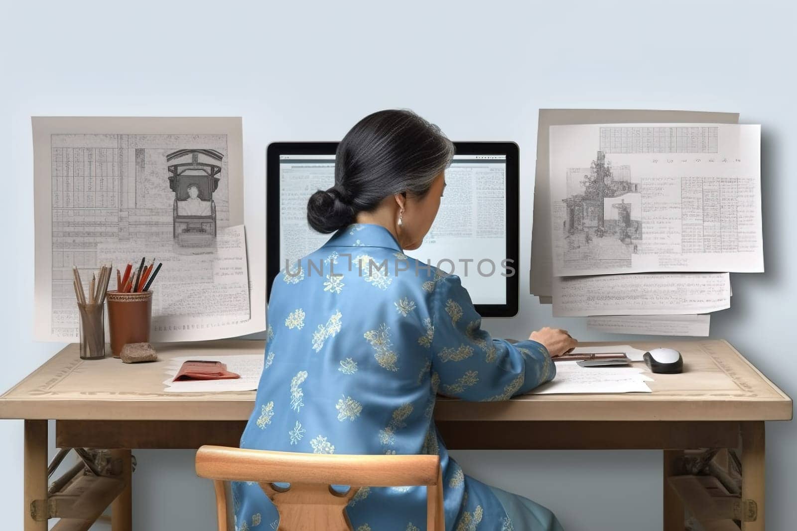 An adult Korean woman, a business woman, is sitting at a table in the office. Back view. Generative AI. High quality illustration
