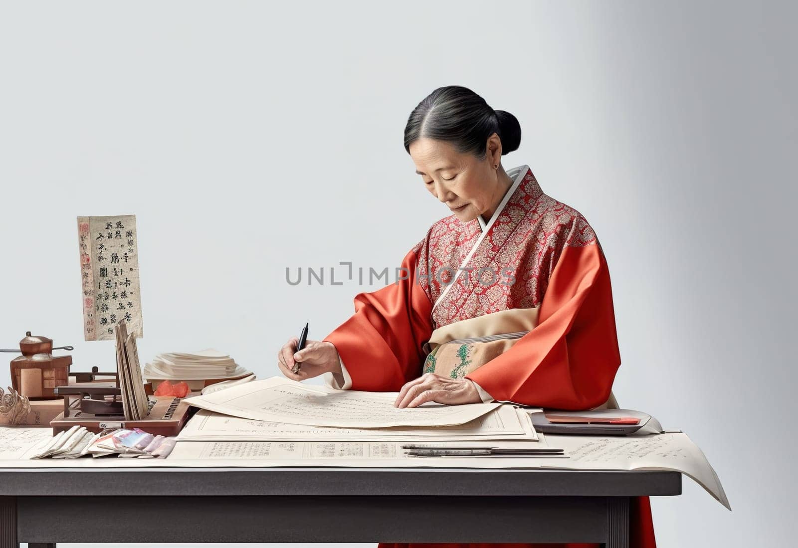 An adult Korean woman, a business woman, is sitting at a table in the office. Generative AI. High quality illustration