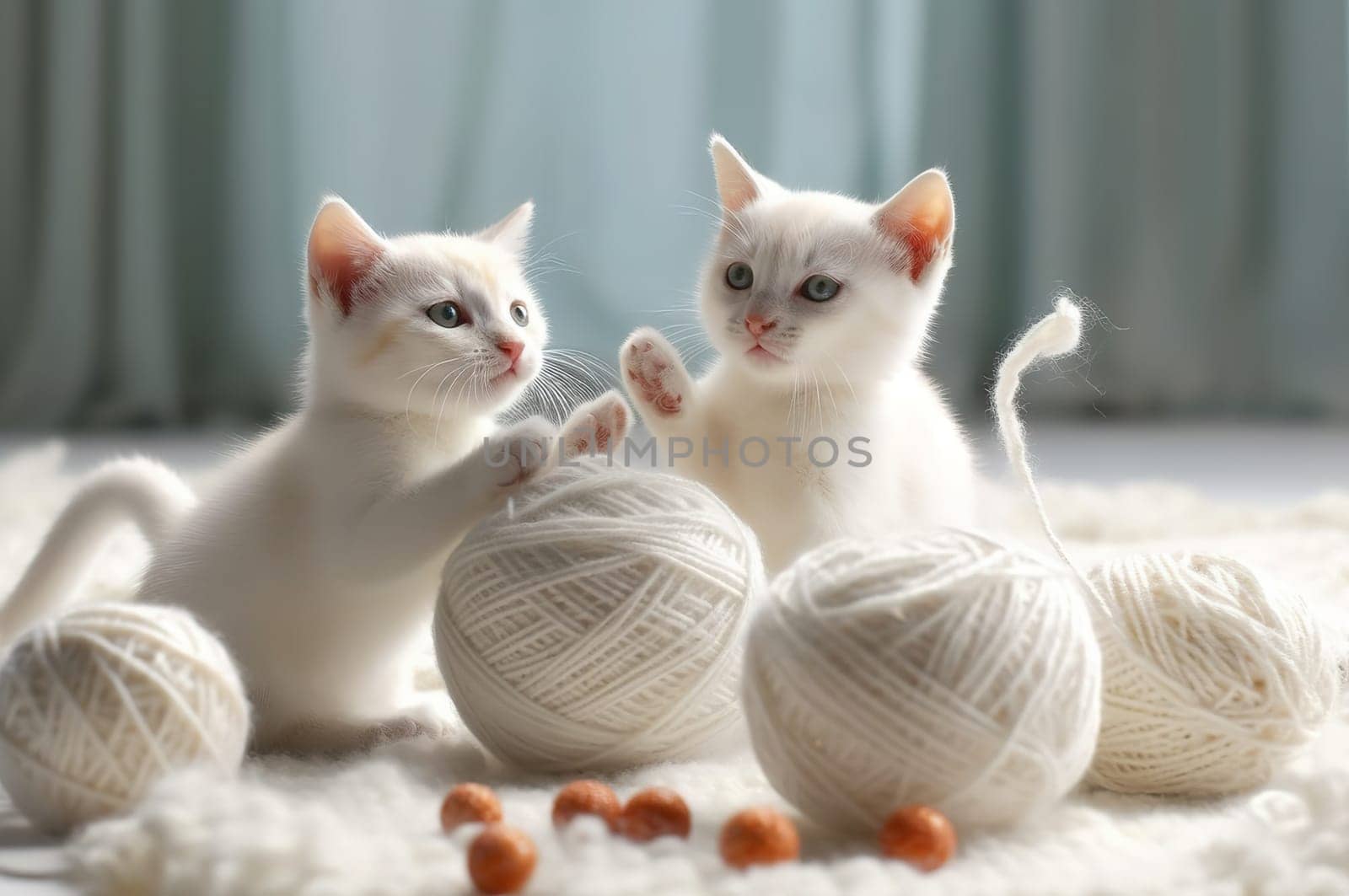 Two white kittens are playing with a ball of wool. Generative AI. High quality illustration