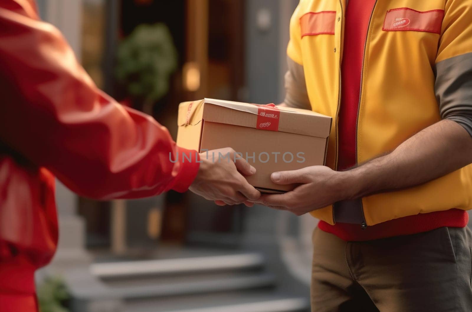 Hands of the courier pass the parcel to the client, close-up. Generative AI. High quality illustration