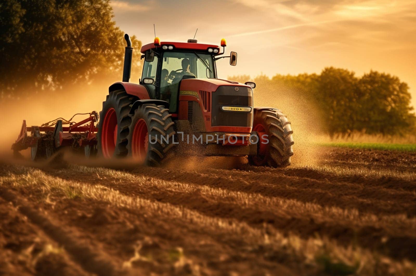 The tractor plows the soil in the agricultural field. Generative AI. High quality illustration