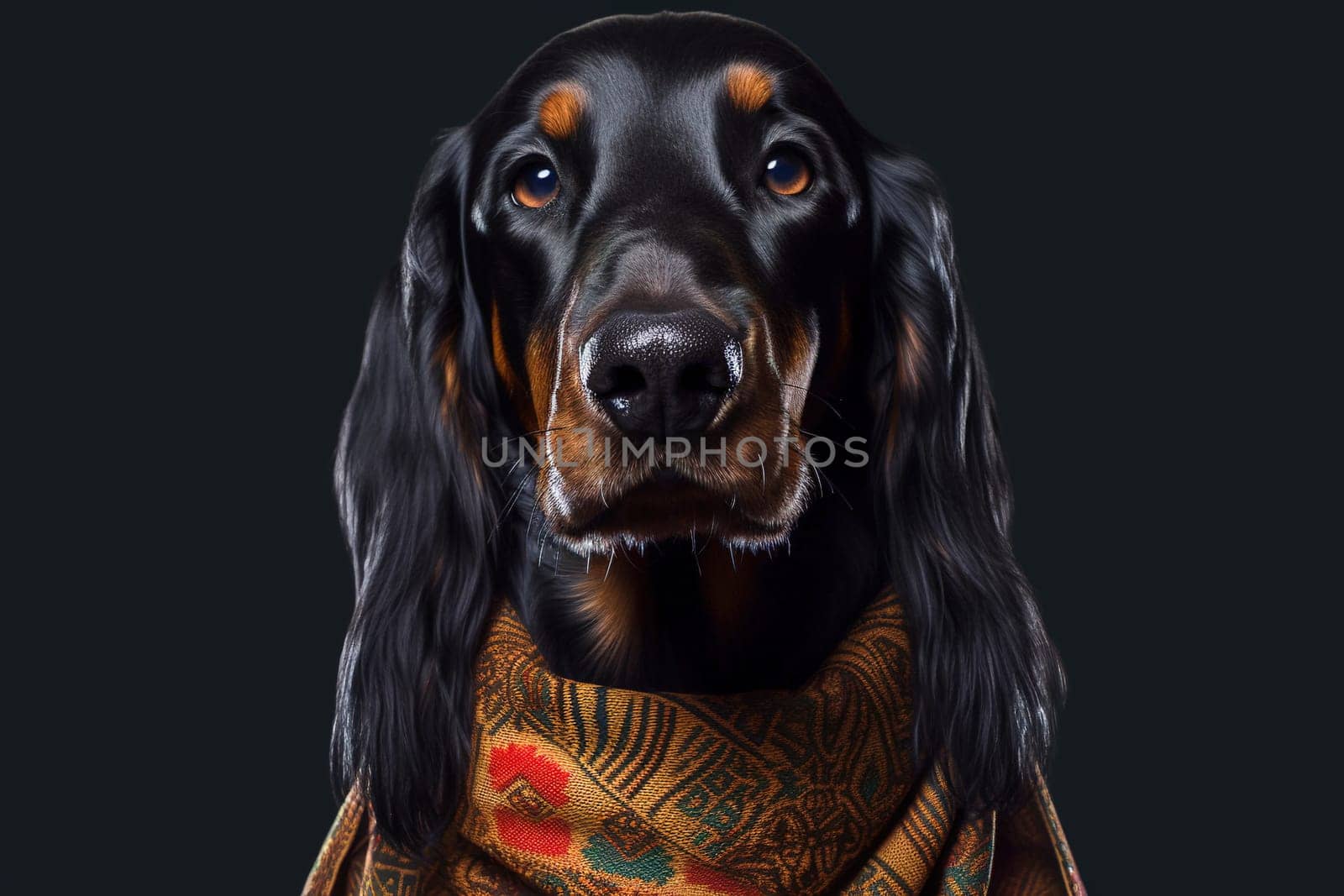 Portrait of a black dog, setter on a black background. Close-up. Generative AI. High quality illustration