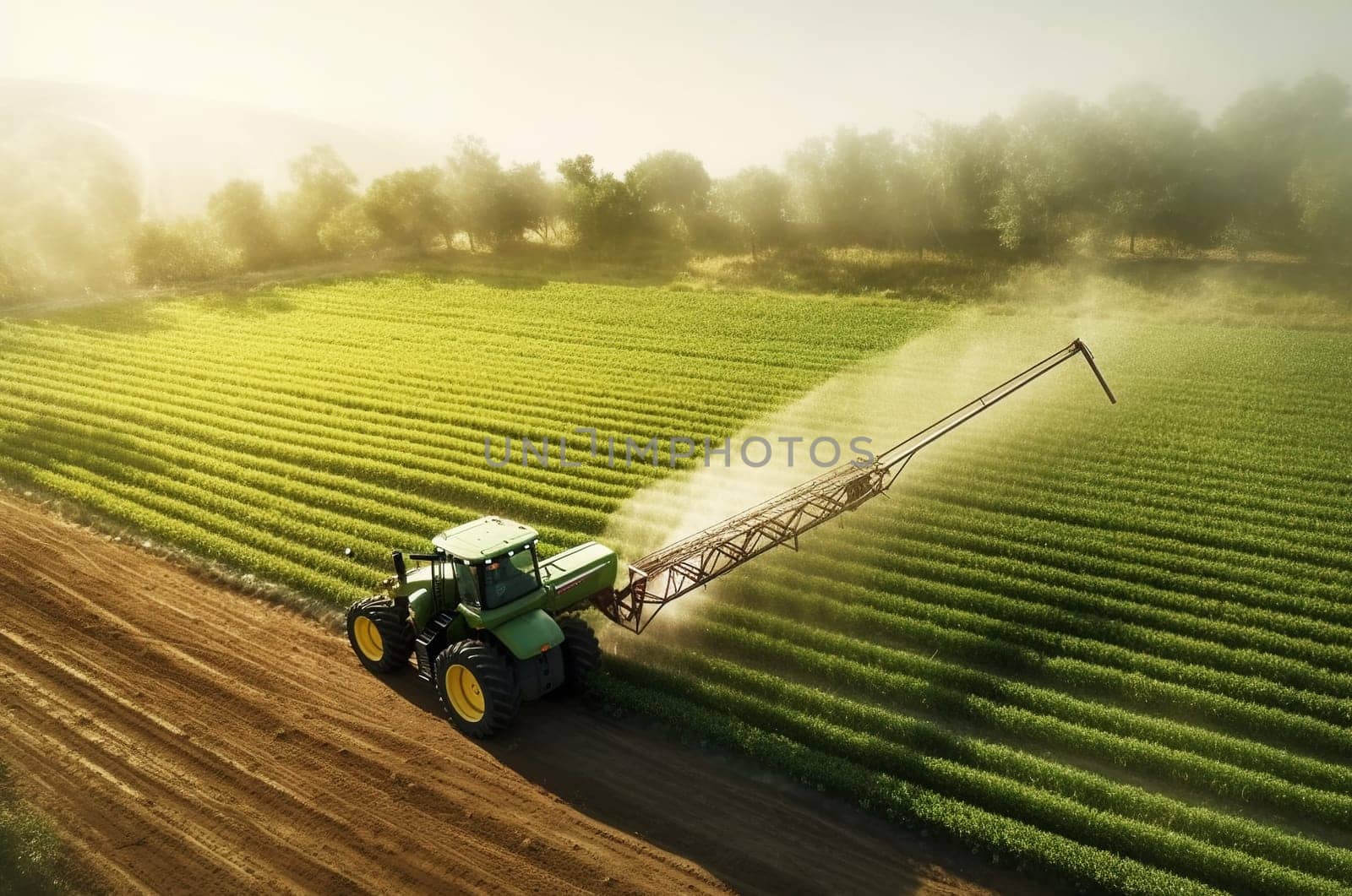 A tractor with an irrigation system waters seedlings in an agricultural field. Generative AI. High quality illustration