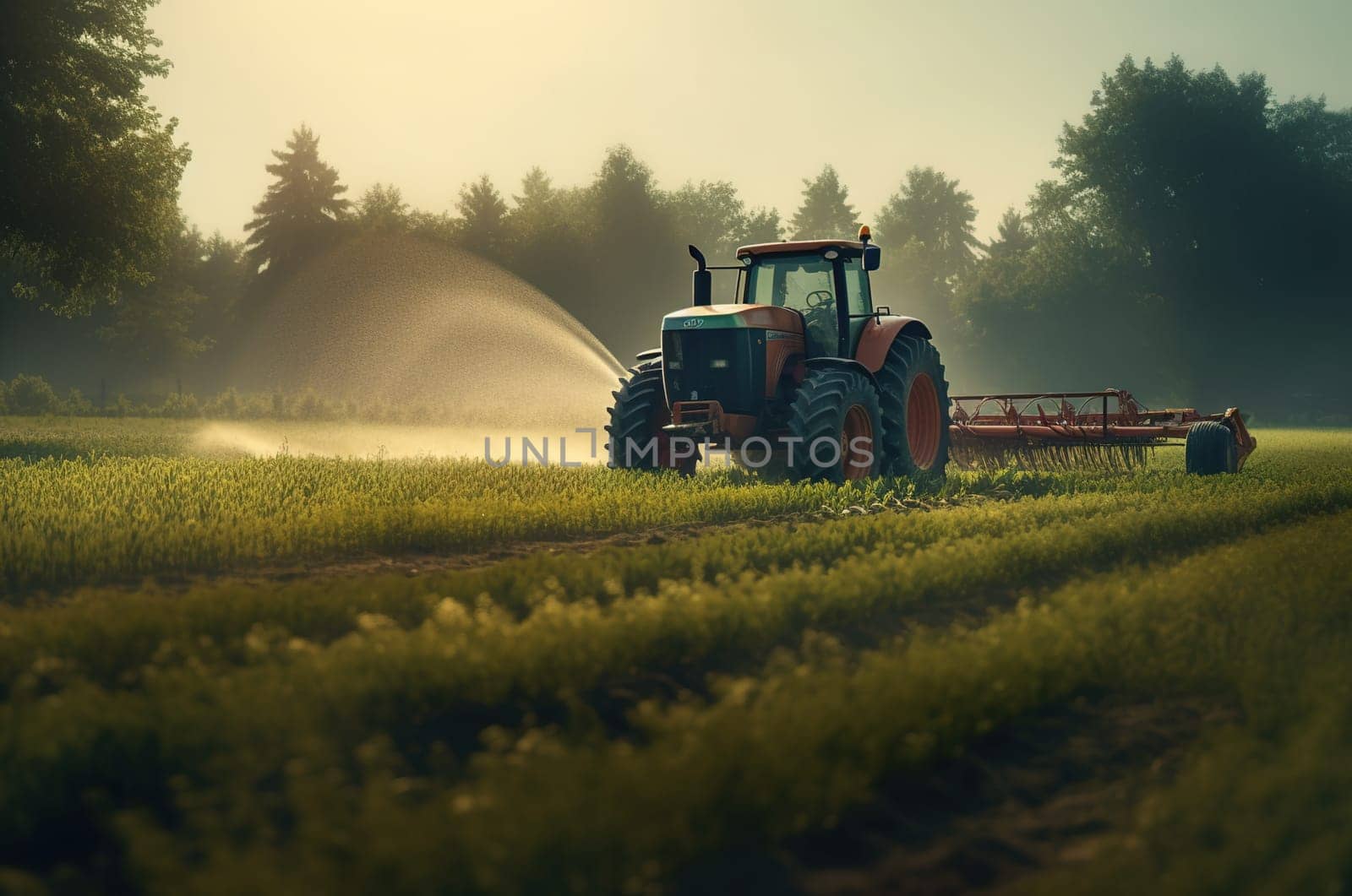 A tractor with an irrigation system waters seedlings in an agricultural field. Generative AI. High quality illustration