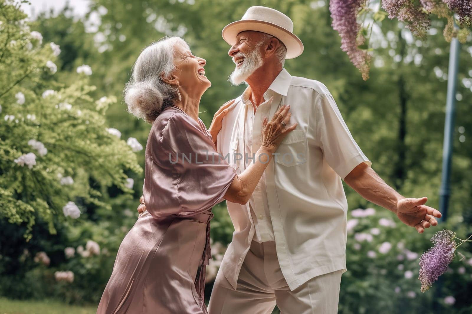 An old, happy, smiling couple is dancing in the park. Generative AI by Yurich32