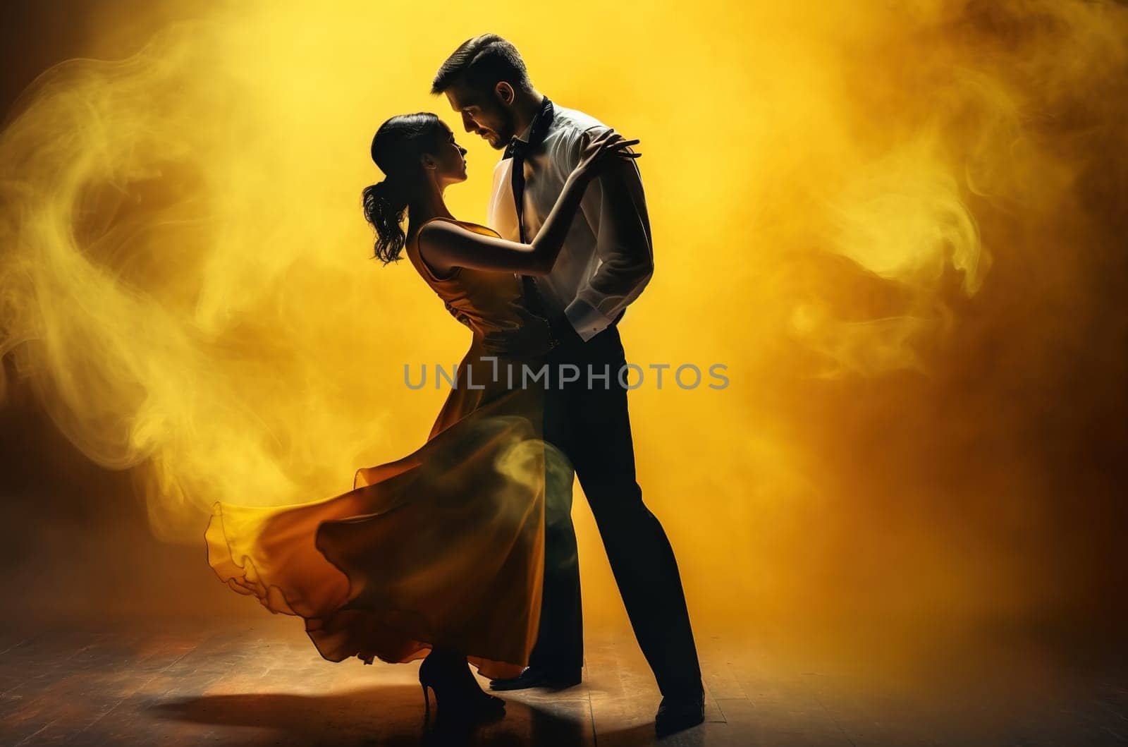 Young couple dancing tango against the background of yellow smoke. Generative AI. High quality illustration