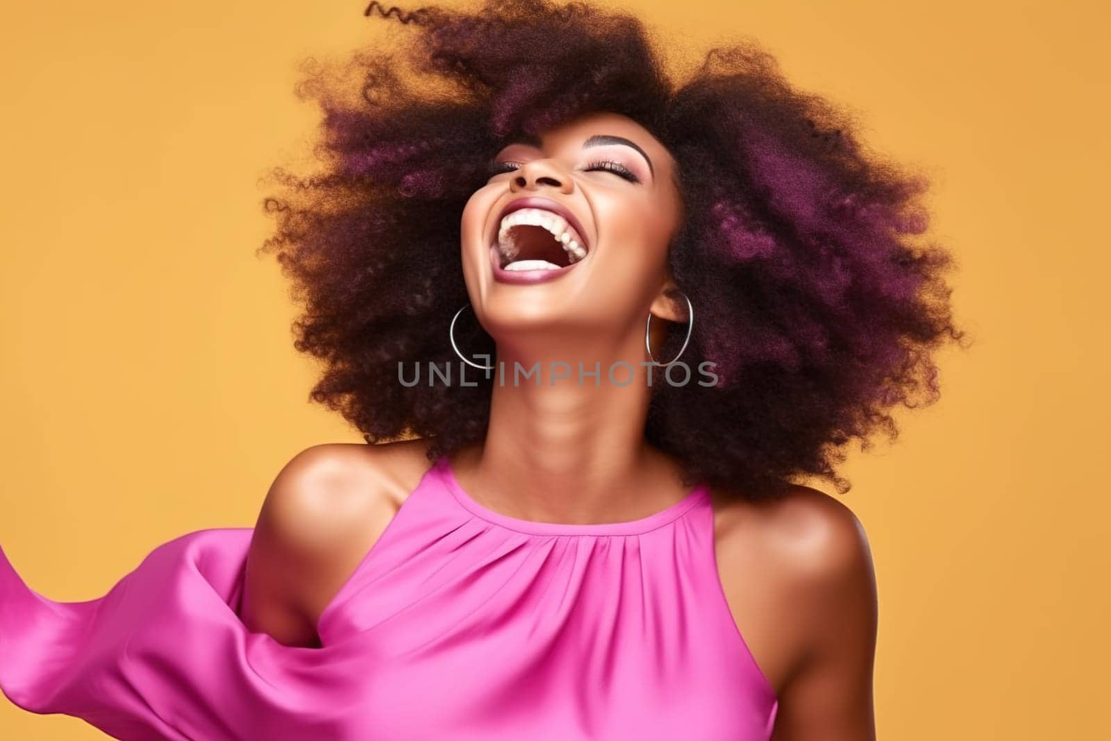 Young African American woman laughing in the studio in a pink dress on a yellow background. Generative AI. High quality illustration