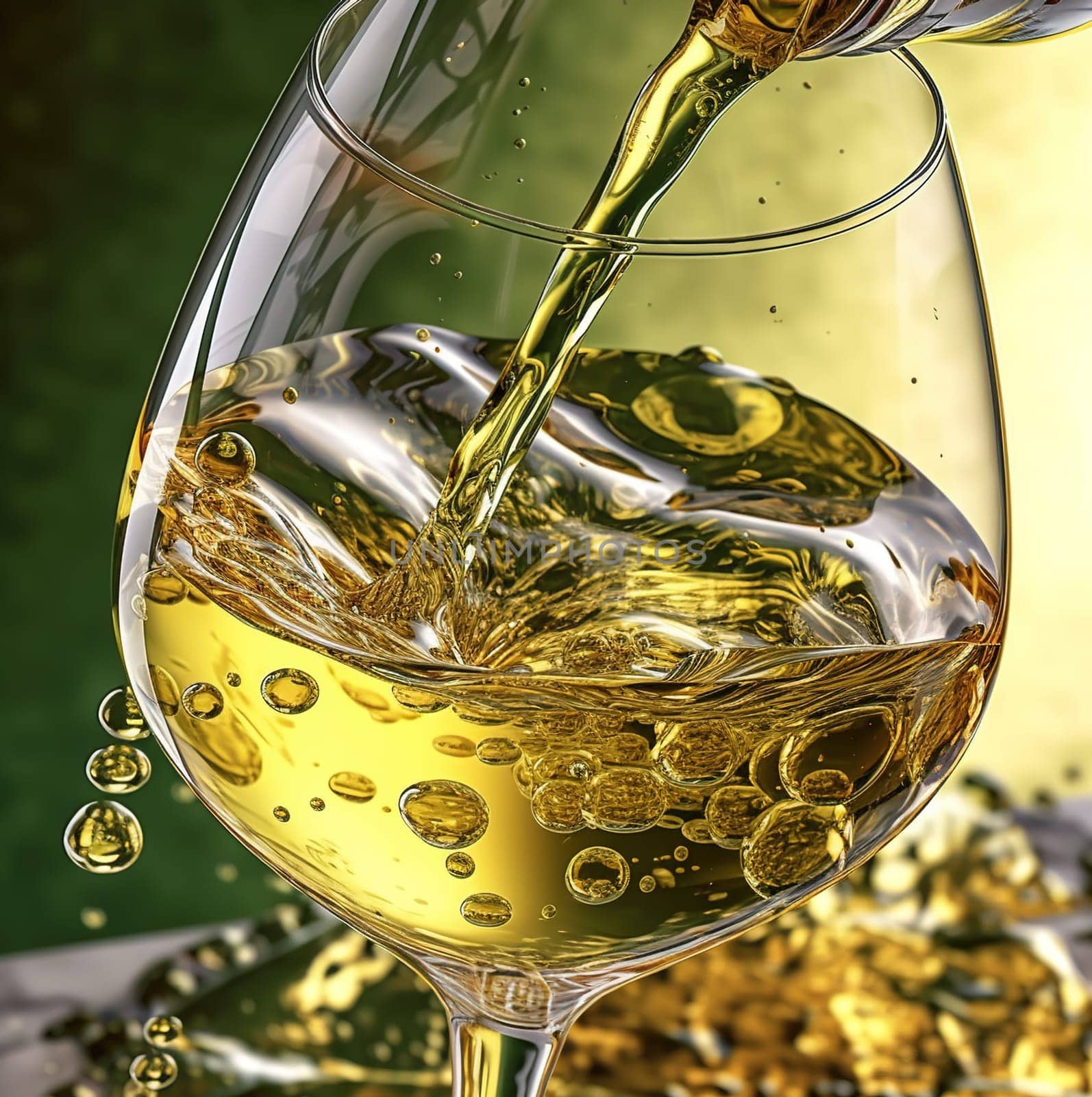 White wine is poured into a transparent glass on a dark background. Close-up. Generative AI. High quality illustration