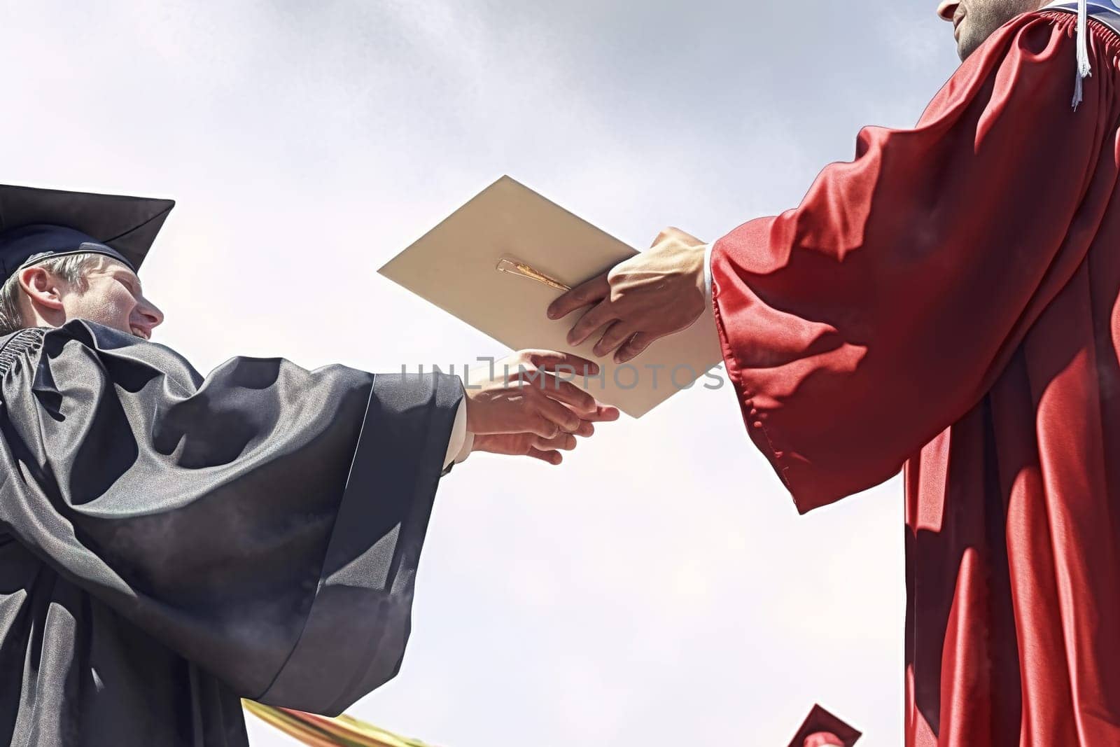 Hands presenting diploma at graduation party. Close-up. Generative AI. High quality illustration
