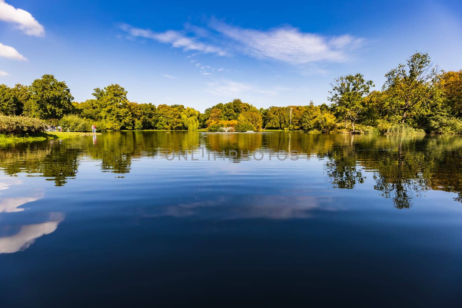 Beautiful sunny panorama of big lake with small fountains at center and green trees and bushes around in city South park 